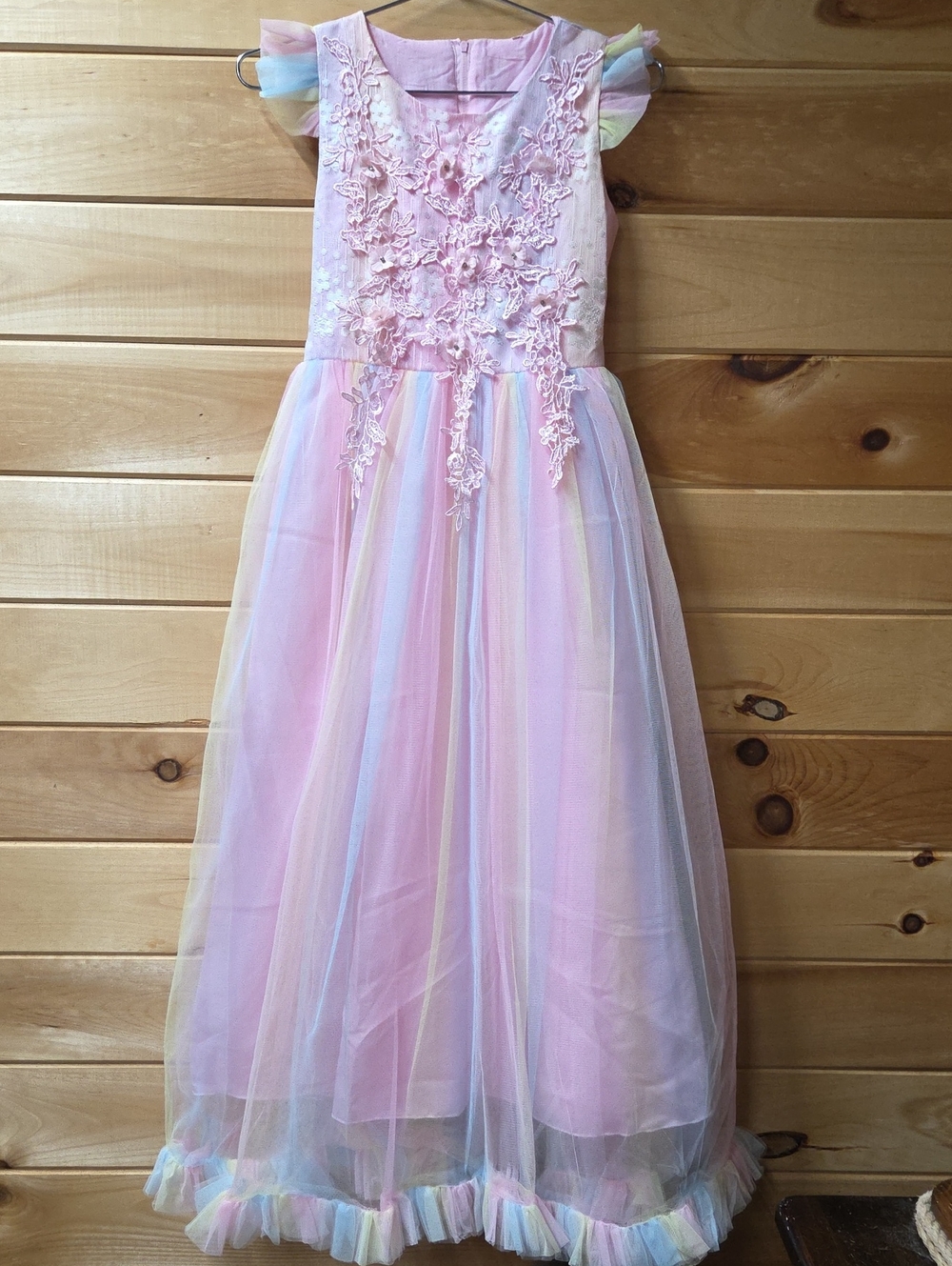 Girls' Pink Pastel Tulle Party Dress with Floral Applique